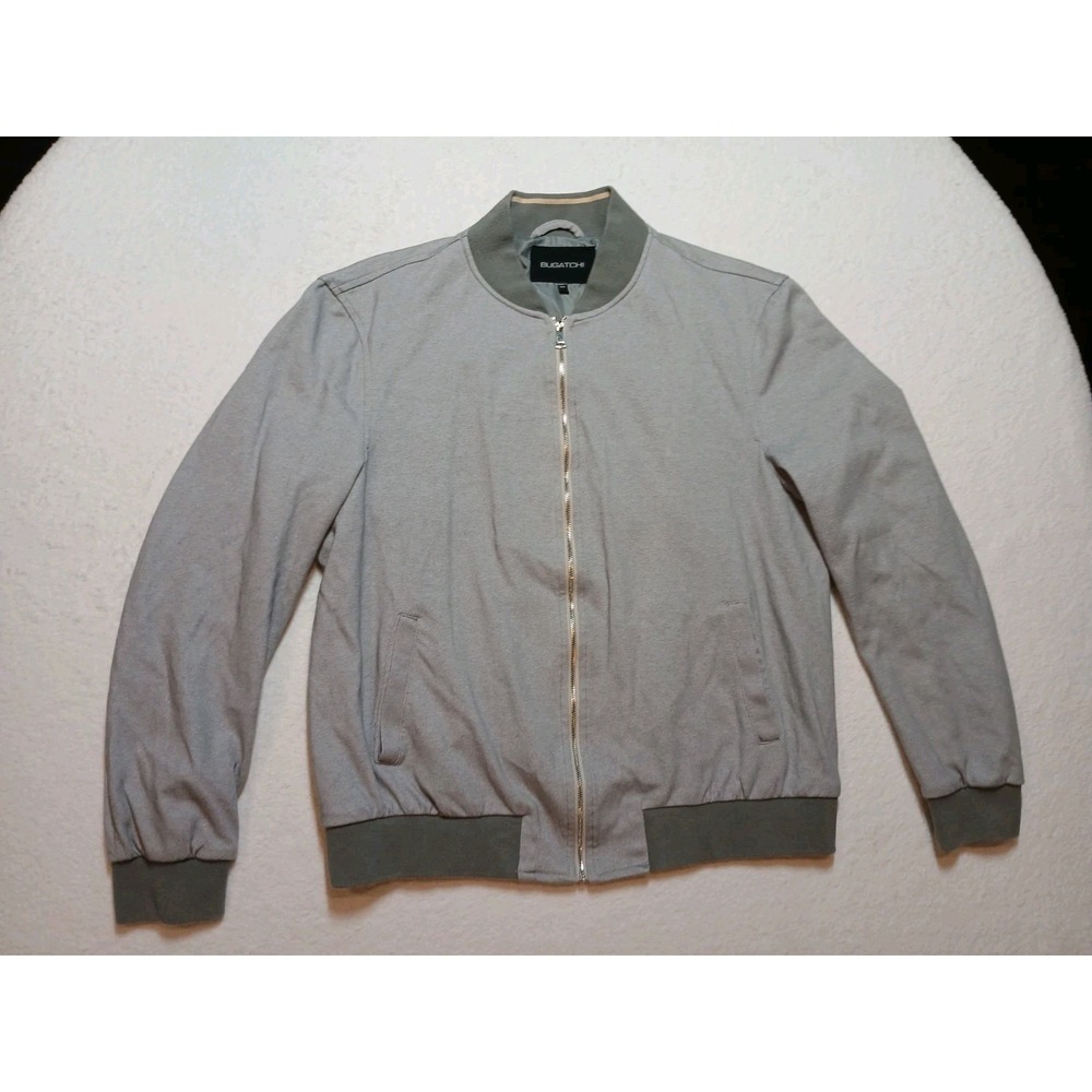 BUGATCHI Men's Full Zip Bomber Jacket Large L Grey Pique Knit Made in Italy